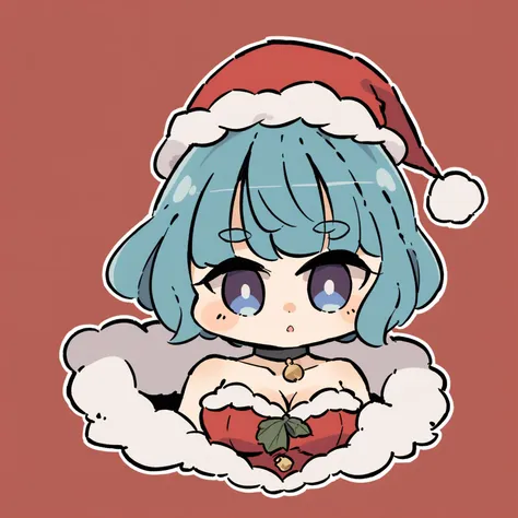 chibi,1girl, senjougahara hitagi, solo, hat, santa hat, blue hair, breasts, choker, bare shoulders, santa costume, upper body, looking at viewer, blue eyes, cleavage, red background, short hair, bangs, parted lips, dress, fur trim, collarbone, fur-trimmed dress, santa dress, strapless, pom pom, (clothes), christmas, medium breasts, red dress, red headwear, fur-trimmed headwear, strapless dress, red background,simple background, <lora:cHIBIcOMIc:0.9>