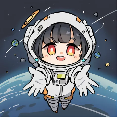 chibi,1girl, astronaut, bangs, blurry, blurry foreground, depth of field, earth, ((planet)), white background,helmet, looking at viewer, lucy, (cyberpunk), red eyes, open mouth, reaching towards viewer, red eyeliner, short hair, smile, solo, space, space helmet, spacesuit, star, (sky), teeth, upper body, upper teeth only, white gloves, black hair, yellow eyes,<lora:cHIBIcOMIc:0.9>