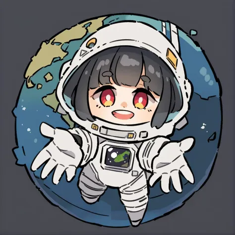 chibi,1girl, astronaut, bangs, blurry, blurry foreground, depth of field, earth, ((planet)), white background,helmet, looking at viewer, lucy, (cyberpunk), red eyes, open mouth, reaching towards viewer, red eyeliner, short hair, smile, solo, space, space helmet, spacesuit, star, (sky), teeth, upper body, upper teeth only, white gloves, black hair, yellow eyes,<lora:cHIBIcOMIc:0.9>