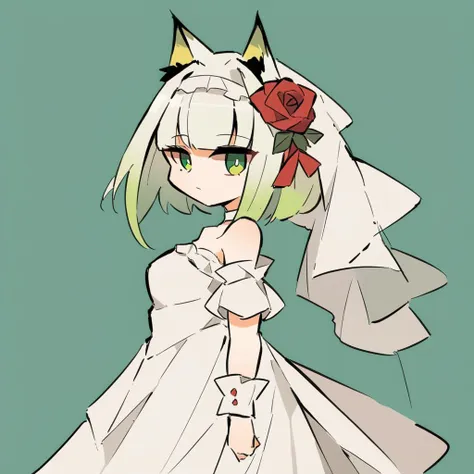 chibi, kal'tsit (arknights), solo, breasts, animal ears, green eyes,short hair, white hair, bangs,dress,white dress,white background,hair ornament,flower,simple background,looking at viewer,breasts,hair flower,red flower,red ribbon,white veil,bare shoulders,choker,ribbon,medium breasts,bangs,alternate costume,from side,rose,upper body,strapless,very long hair,hair ribbon,red rose,closed mouth,wrist cuffs,strapless dress,looking to the side,sidelocks,detached sleeves,white choker,frills,cowboy shot,<lora:cHIBIcOMIc-xl:0.9>,