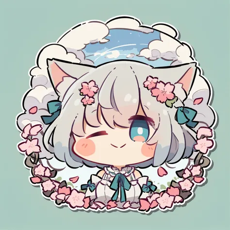 chibi, 1girl,cherry blossoms,hair flower,ribbon,hair ribbon,cat ears,animal ear fluff,(wink:1.2),close one eye,smile,close mouth,blue eyes,short hair,grey hair,bangs,hair between eyes,eyebrows visible through hair,blush,neck ribbon,frilled,frilled_collar,flat chest,white dress,crease,sleeveless dress,detached_sleeves,looking at viewer,cherry blossoms tree around,blue sky,cirrus, <lora:cHIBIcOMIc:0.9>