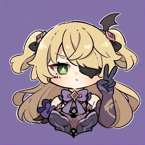 chibi,1girl, fischl, (genshin impact), solo, blonde hair, two side up, green eyes, gloves, long hair, looking at viewer, eyepatch, bow, v, hair over one eye, breasts, bangs, purple background, fishnets, closed mouth, purple bow, upper body, bare shoulders, bowtie, ribbon,<lora:cHIBIcOMIc:0.9>