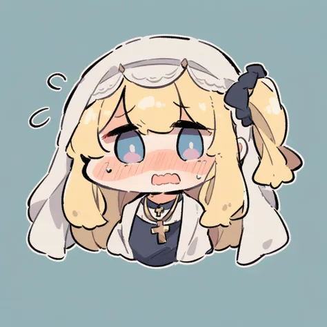 chibi, blonde hair, long hair, one side up, blue eyes, white veil, cross necklace,simple background, shy, blush,wilt and blush, nervous, open mouth, sweatdrop, looking at viewer,((upper body)),
,<lora:cHIBIcOMIc-xl:0.9>,