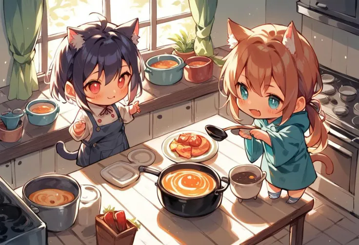 score_9, score_8_up, score_7_up, source_cartoon, 2girls,(ultra HD quality details), catgirl, cat ears, slightly chibi, cooking, pot on table, standing next to table, girls looking at pot, hungry , (detailed image, high resolution, 5k resolution:1.0), Expressiveh, kitchen, view from above, warm lighting