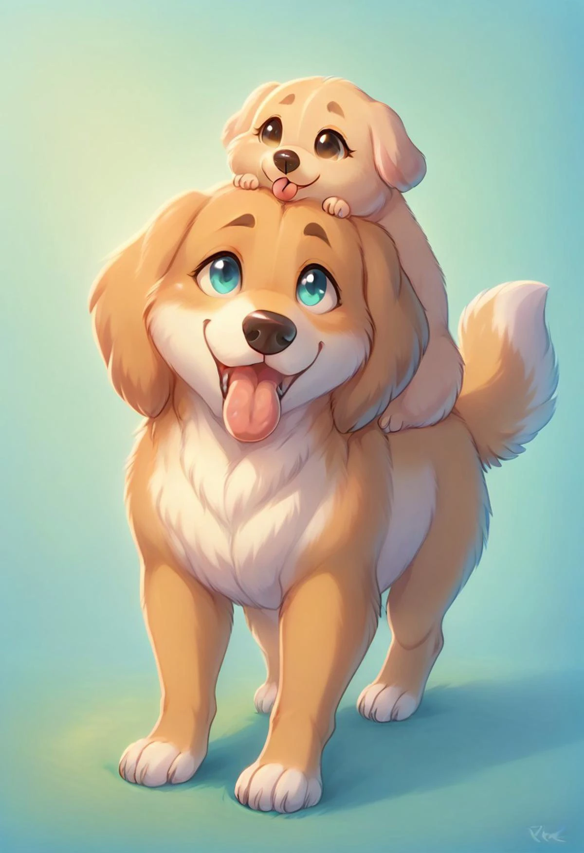 score_9, score_8_up, score_7_up, (chibi 1girl riding dog:1.2), (1girl riding doggy back:1.1), kawaii style, human with dog, hearts, soft, delightful, happy, extremely happy, vibrant, colorful, delicate, expressive, textured, sharp, cyan and pink, (doggybackride:1.2), furry, cute large dog, floppy ears, anime, dog tongue, duo,