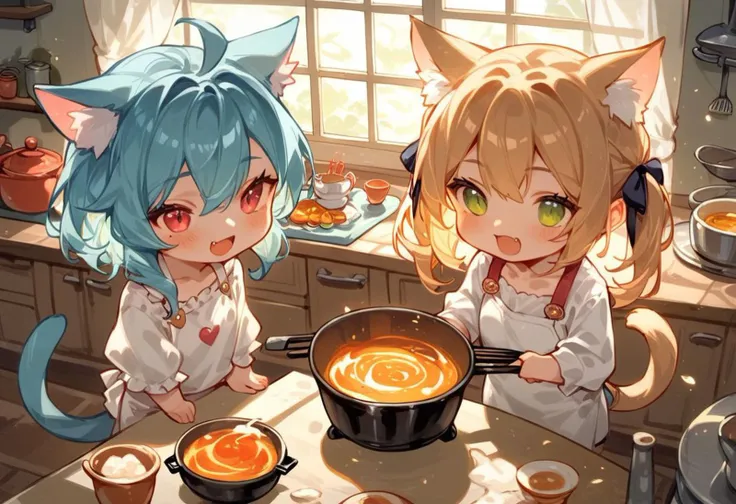 score_9, score_8_up, score_7_up, source_cartoon, 2girls,(ultra HD quality details), catgirl, cat ears, slightly chibi, cooking, pot on table, standing next to table, girls looking at pot, hungry , (detailed image, high resolution, 5k resolution:1.0), Expressiveh, kitchen, view from above, warm lighting