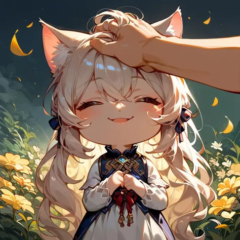 score_9, score_8_up, score_7_up, source_cartoon, 1girl,(ultra HD quality details), catgirl, :3, cat ears, slightly chibi, closed eyes, smile, very smug, standing, fluffy, long hair, hand, headpat, meadow background, flowers, (detailed image, high resolution, 5k resolution:1.0), Expressiveh,