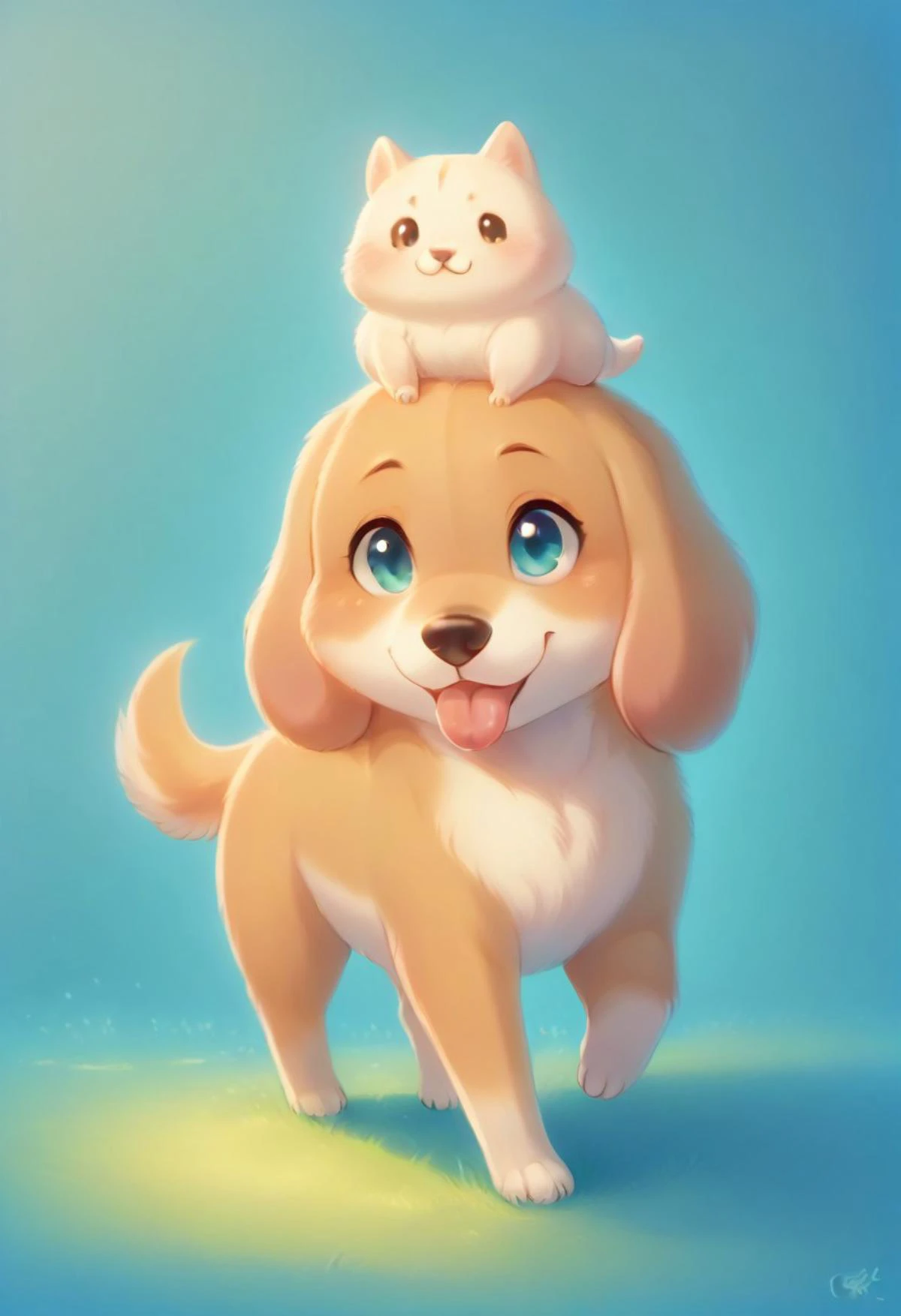score_9, score_8_up, score_7_up, (chibi 1girl riding dog:1.35), kawaii style, human on dog, hearts, soft, delightful, happy, extremely happy, vibrant, colorful, delicate, expressive, textured, sharp, cyan and pink, (doggybackride:1.2), furry, cute large dog, floppy ears, anime, dog tongue, duo,