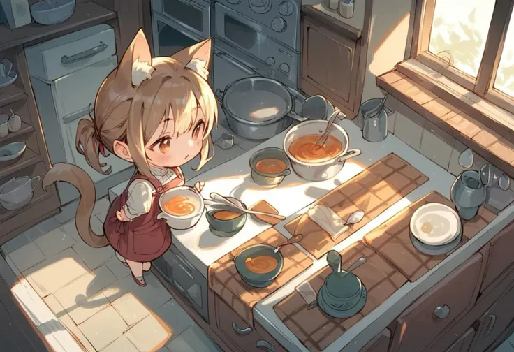 score_9, score_8_up, score_7_up, source_cartoon, 2girls,(ultra HD quality details), catgirl, cat ears, slightly chibi, cooking, pot on table, standing next to table, girls looking at pot, hungry , (detailed image, high resolution, 5k resolution:1.0), Expressiveh, kitchen, view from above, warm lighting