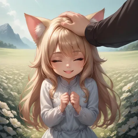 score_9, score_8_up, score_7_up, source_cartoon, 1girl, catgirl, :3, cat ears, slightly chibi, closed eyes, smile, very smug, standing, fluffy, long hair, hand, headpat, pov hands, meadow background, flowers, (detailed image, high resolution, 5k resolution:1.0), Expressiveh, adorable, cute, child,