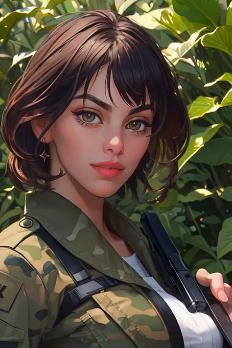 DEN_alex_pearl,
a (soldier:1.1) in the jungle on manoeuvrers wearing (army fatigues:1.2) and holding a rifle, (camouflage:1.2), military, uniform, military, camouflage uniform,
bokeh, f1.4, 40mm, photorealistic, raw, 8k, textured skin, skin pores, intricate details  <lora:epi_noiseoffset2:1>, epiCRealism <lora:ClothingAdjuster3:-1.2>