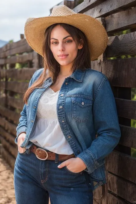 DEN_alex_pearl,
country beauty posing against a wooden fence with a plaid shirt and jeans and a cowboy hat, cow girl, country girl, cow girl,
bokeh, f1.4, 40mm, photorealistic, raw, 8k, textured skin, skin pores, intricate details <lora:epi_noiseoffset2:1>, epiCRealism <lora:ClothingAdjuster3:-1.2>