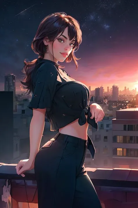 DEN_alex_pearl,
(cityscape:1.2) scene posing on the (rooftops:1.2) at (sunset:1.2) wearing clothes, wearing trousers and a top, (plain top:1.2), (top:1.2), (trousers:1.2), (cityscape:1.2), (night time sunset sky:1.3), (dark:1.1), (evening:1.2), vibrant sky colours,
bokeh, f1.4, 40mm, photorealistic, raw, 8k, textured skin, skin pores, intricate details  <lora:epi_noiseoffset2:1>, epiCRealism <lora:ClothingAdjuster3:-1.2>