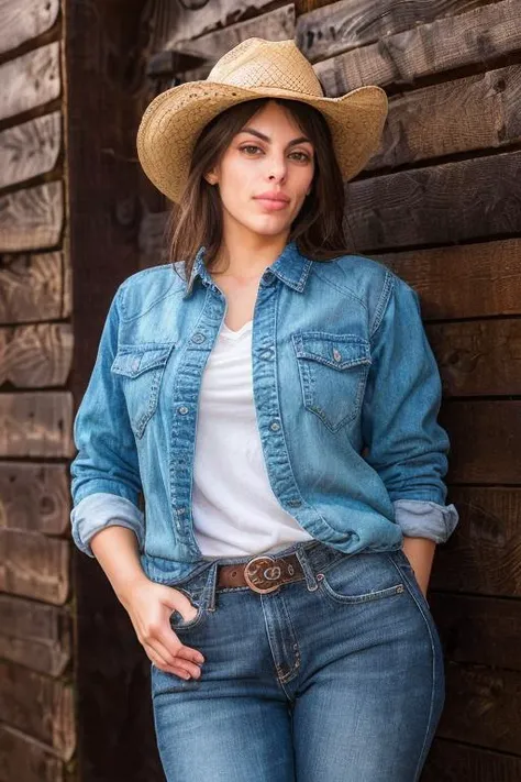 DEN_alex_pearl,
country beauty posing against a wooden fence with a plaid shirt and jeans and a cowboy hat, cow girl, country girl, cow girl,
bokeh, f1.4, 40mm, photorealistic, raw, 8k, textured skin, skin pores, intricate details <lora:epi_noiseoffset2:1>, epiCRealism <lora:ClothingAdjuster3:-1.2>