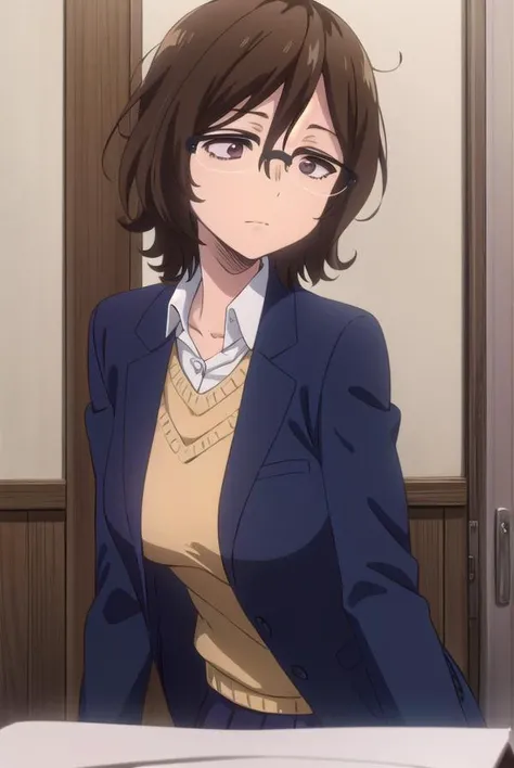 owarihajime, <lora:owari hajime s2-lora-nochekaiser:1>,
owari hajime, brown hair, (brown eyes:1.5), glasses, over-rim eyewear,
BREAK skirt, shirt, jacket, formal, suit, office lady,
BREAK indoors,
BREAK looking at viewer,
BREAK <lyco:GoodHands-beta2:1>, (masterpiece:1.2), best quality, high resolution, unity 8k wallpaper, (illustration:0.8), (beautiful detailed eyes:1.6), extremely detailed face, perfect lighting, extremely detailed CG, (perfect hands, perfect anatomy),