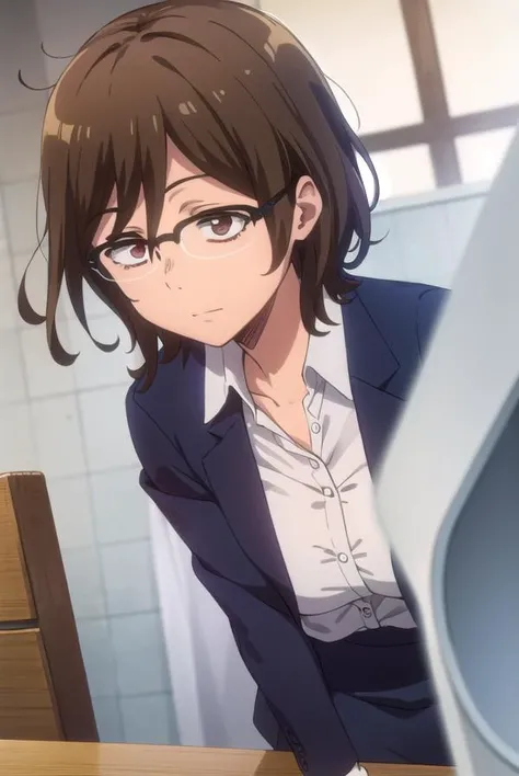 owarihajime, <lora:owari hajime s2-lora-nochekaiser:1>,
owari hajime, brown hair, (brown eyes:1.5), glasses, over-rim eyewear,
BREAK skirt, shirt, jacket, formal, suit, office lady,
BREAK indoors,
BREAK looking at viewer,
BREAK <lyco:GoodHands-beta2:1>, (masterpiece:1.2), best quality, high resolution, unity 8k wallpaper, (illustration:0.8), (beautiful detailed eyes:1.6), extremely detailed face, perfect lighting, extremely detailed CG, (perfect hands, perfect anatomy),