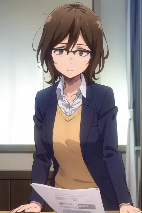 owarihajime, <lora:owari hajime s2-lora-nochekaiser:1>,
owari hajime, brown hair, (brown eyes:1.5), glasses, over-rim eyewear,
BREAK skirt, shirt, jacket, formal, suit, office lady,
BREAK indoors,
BREAK looking at viewer,
BREAK <lyco:GoodHands-beta2:1>, (masterpiece:1.2), best quality, high resolution, unity 8k wallpaper, (illustration:0.8), (beautiful detailed eyes:1.6), extremely detailed face, perfect lighting, extremely detailed CG, (perfect hands, perfect anatomy),