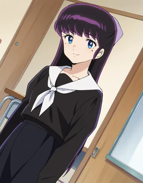 score_9, score_8_up, score_7_up, source_anime,
ryoukomendou, <lora:ryouko-mendou-ponyxl-lora-nochekaiser:1>,
ryouko mendou, long hair, blue eyes, purple hair, bow, hair bow, mole, mole under eye, smile,
skirt, school uniform, serafuku, shirt, black shirt, white sailor collar, long sleeves, black skirt, neckerchief, white neckerchief,
indoors, classroom, hallway,
looking at viewer, cowboy shot, dutch angle,