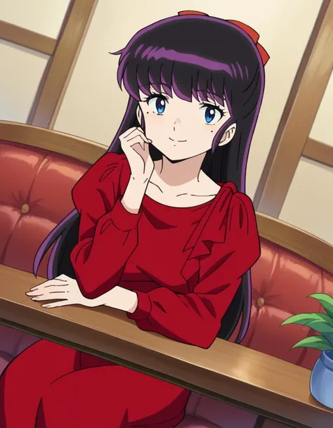 score_9, score_8_up, score_7_up, source_anime,
ryoukomendou, <lora:ryouko-mendou-ponyxl-lora-nochekaiser:1>,
ryouko mendou, long hair, blue eyes, purple hair, bow, hair bow, mole, mole under eye, smile,
dress, red dress, collarbone, long sleeves,
indoors, sitting, table, sofa,
looking at viewer, cowboy shot, dutch angle,