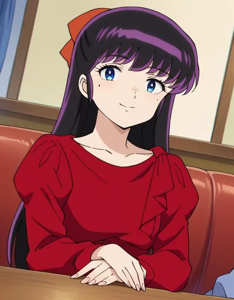 score_9, score_8_up, score_7_up, source_anime,
ryoukomendou, <lora:ryouko-mendou-ponyxl-lora-nochekaiser:1>,
ryouko mendou, long hair, blue eyes, purple hair, bow, hair bow, mole, mole under eye, smile,
dress, red dress, collarbone, long sleeves,
indoors, sitting, table, sofa,
looking at viewer, cowboy shot, dutch angle,