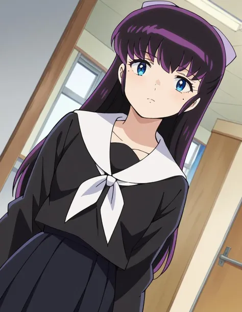 score_9, score_8_up, score_7_up, source_anime,
ryoukomendou, <lora:ryouko-mendou-ponyxl-lora-nochekaiser:1>,
ryouko mendou, long hair, blue eyes, purple hair, bow, hair bow, mole, mole under eye,
skirt, school uniform, serafuku, shirt, black shirt, white sailor collar, long sleeves, black skirt, neckerchief, white neckerchief,
indoors, classroom, hallway,
looking at viewer, cowboy shot, dutch angle,