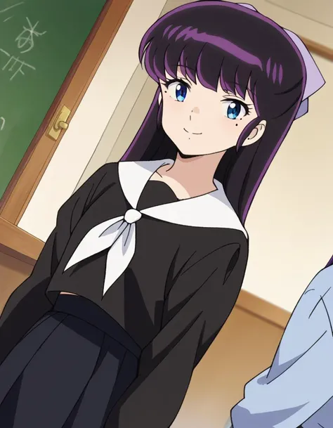 score_9, score_8_up, score_7_up, source_anime,
ryoukomendou, <lora:ryouko-mendou-ponyxl-lora-nochekaiser:1>,
ryouko mendou, long hair, blue eyes, purple hair, bow, hair bow, mole, mole under eye, smile,
skirt, school uniform, serafuku, shirt, black shirt, white sailor collar, long sleeves, black skirt, neckerchief, white neckerchief,
indoors, classroom, hallway,
looking at viewer, cowboy shot, dutch angle,