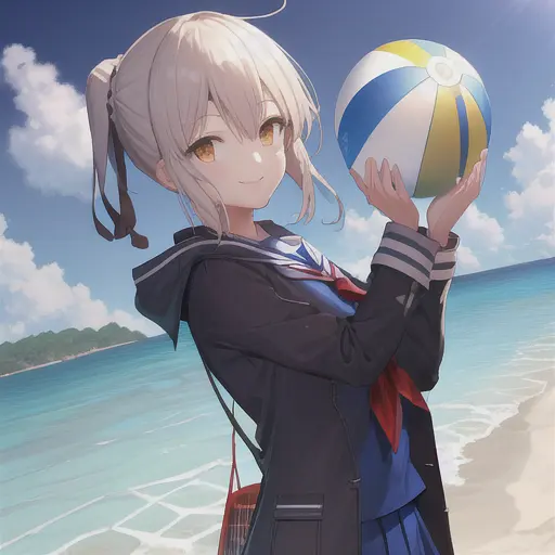 masterpiece:1.3, best quality:1.3, (MHXA), (school uniform), (smile),(beach),(water), (beach ball), <lora:MHXA_V-22:0.7>