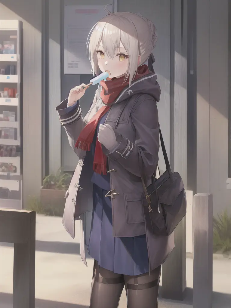 masterpiece:1.3, best quality:1.3, ((MHXA)), <lora:MHXA_V-22:0.8>, 1girl:1.4, (red scarf), (popsicle), (park), coat