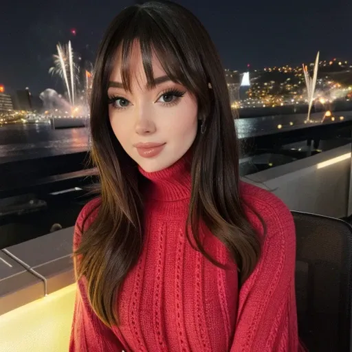 <lora:jenaurf_sd15_512_128_64_v1:1>jenaurf,1girl,looking at viewer, new years eve party fireworks in background, wearing a turtleneck sweater