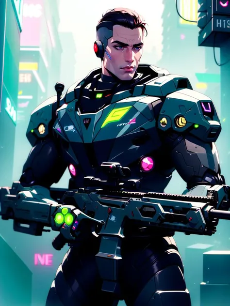 masterpiece, best quality, detailed lips, detailed face, detailed skin, 1boy, science fiction, power armor, short hair, assault rifle, holding weapon, aiming, cyborg, cyberpunk, neon light