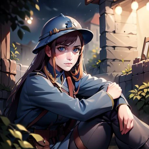 masterpiece, best quality, detailed face, 1girl, helmet, <lora:ww1_french_soldier_v0.2:0.6>, ww1 french soldier, (night:1.3), sitting, (trench:1.3)