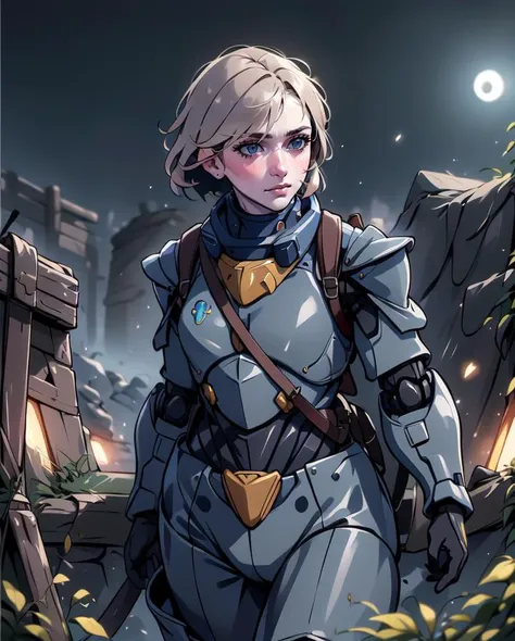masterpiece, best quality, detailed face, 1girl, <lora:ww1_french_soldier_v0.2:0.6>, ww1 french soldier, (night:1.5), running, (power armor:1.4), (trench:1.3), <lora:Futuristicbot4:0.3>, futobot, short hair