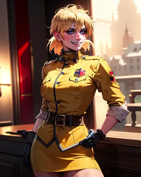 best quality, masterwork, detailed, detailed face, detailed skin, detailed lips, <lora:SERASV:0.6>, Seras Victoria, grin, hand on hip, (fang:1.2), (fang out:1.2), mansion, indoors, volumetric shading, yellow uniform, cowboy shot, blue eyes, skirt, night