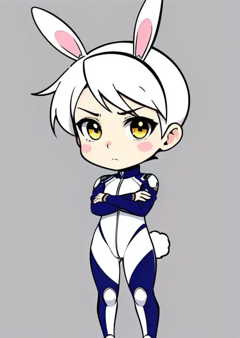 high quality, masterpiece, detailed, detailed face and eyes, (chibi:1.3), anime style, cel shading, 1girl, sticker, thick outlines, white hair, (very short hair, pixie cut:1.2), (rabbit ears), full body, stern, crossed arms, white bodysuit, rabbit tail, simple background, white background, full body, plugsuit, (yellow eyes:1.3)