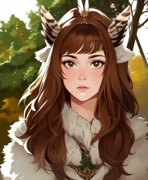 high quality, masterpiece, detailed, detailed face and eyes, realistic, thick outlines, 1girl, forest, trees, fluffy, fur trim, owl girl, feathers on head, ear feathers, light brown hair