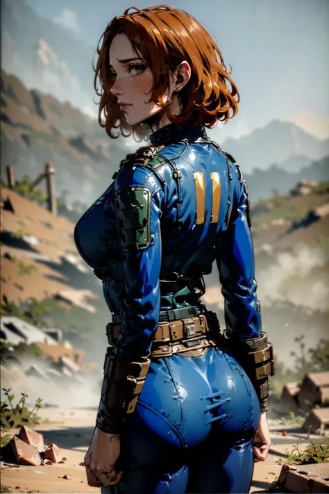 close up,(masterpiece, best quality;1.3),1girl, back shot, wavy ginger hair, green eyes, young, mature and tall, wearing blue vaultsuit with pipboy3000, postapoc wasteland, road, desert,looking at viewer, long shadow, ultra detailed, <lora:talojivaultsuit:0.75>, ((((cinematic look)))), soothing tones, insane details, intricate details, hyperdetailed, low contrast, soft cinematic light, dim colors, exposure blend, hdr, faded, slate gray atmosphere