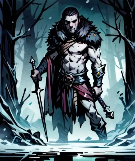 masterpiece, best quality, 1girl, standing, dagger looking at viewer, beautiful, perfect face, highly detailed face,  undercut hair, [dark hair|light hair], fur (cloak), sleeveless, shoulder armor, gauntlets, athletic, abs, battle scar, [slender thighs], barbarian:0.5,  tribal clothing, full body portrait, forest winter background,  ((night)), snow storm, <lora:DarkestDungeonV2:0.4>, <lora:Andava1e4:0.8>, extremely detailed, perfect face, ddstyle:0.3, WarriorStyle:0.2, <lora:budget_sarashi:0.5>, <lora:blckmtl:0.1>,<lora:more_details:0.5>, <lyco:UnlimitedBladeWorksV1:0.6>, <lora:bromart:0.3>