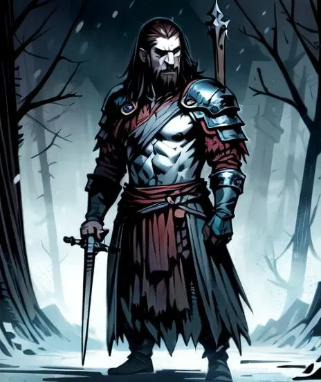 masterpiece, best quality, 1boy, Rasputin, standing , sword looking at viewer, beautiful, perfect face, highly detailed face,  undercut hair, [dark hair|light hair], fur (cloak), sleeveless, shoulder armor, gauntlets, athletic, abs, battle scar, [slender thighs], barbarian:0.5,  tribal clothing, full body portrait, forest winter background,  ((night)), snow storm, <lora:DarkestDungeonV2:0.4>, <lora:Andava1e4:0.8>, extremely detailed, perfect face, ddstyle:0.3, WarriorStyle:0.2,  <lora:blckmtl:0.2>,<lora:more_details:0.5>, <lyco:UnlimitedBladeWorksV1:0.6>, <lora:bromart:0.3>, bromart, blue and white, pale, blood