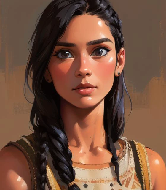 (high quality, masterpiece:1.3), intricately detailed, detailed face and eyes, 1girl, desert, tan skin, single braid, long hair, black hair, cowboy shot, sleeveless, arabian clothes, toned, tomboy, (muscular female:1.3), impasto, digital painting, painterly, impressionism