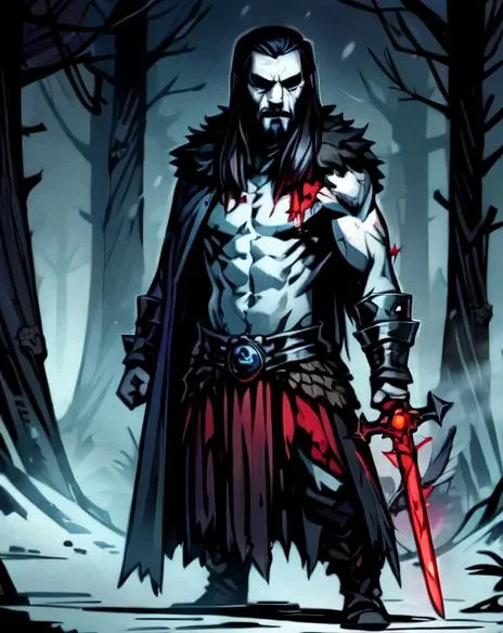 masterpiece, best quality, 1boy, Rasputin, ((holding sword in right hand)) looking at viewer, beautiful, perfect face, highly detailed face, black hair, goatee, fur (cloak), cape, (sleeveless), shoulder armor, gauntlets, athletic, abs, battle scar, barbarian:0.5, tribal clothing, glowing red weapon, full body portrait, forest winter background, ((night)), snow storm, <lora:DarkestDungeonV2:0.4>, <lora:Andava1e4:0.8>, extremely detailed, perfect face, ddstyle:0.3, <lora:blckmtl:0.2>, <lora:more_details:0.5>, <lyco:UnlimitedBladeWorksV1:0.6>, <lora:bromart:0.3>, bromart, blue and white, ((pale skin)), blood on face, vampire hunter