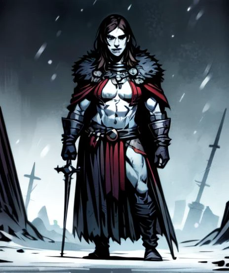 masterpiece, best quality, 1girl, Varvara, standing, dagger looking at viewer,  dark eyes, beautiful, perfect face, highly detailed face,  undercut hair, [dark hair|light hair], fur (cloak), cape, sleeveless, shoulder armor, gauntlets, athletic, abs, battle scar, [slender thighs], barbarian:0.5,  medium breasts, budget sarashi, tribal clothing, ((full body portrait)), solo, forest winter background,  ((night)), snow storm, <lora:DarkestDungeonV2:0.4>, <lora:Andava1e4:0.9>, extremely detailed, perfect face, ddstyle:0.3, WarriorStyle:0.2, <lora:blckmtl:0.2>,<lora:more_details:0.5>, <lyco:UnlimitedBladeWorksV1:0.6>, <lora:bromart:0.3>, bromart, blue and white, ((pale skin)), blood on face, vampire hunter