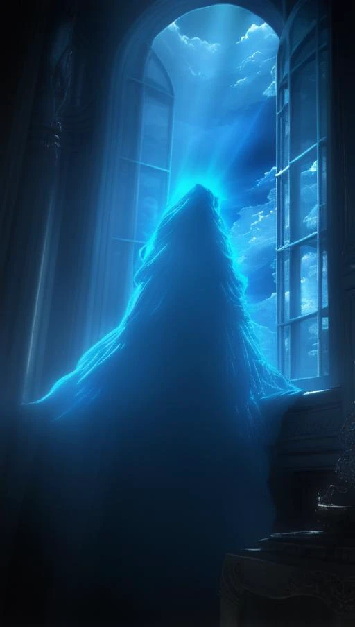 wonderful amazing cloud/ground, clouds with light coming out of it, atmospheric, masterpiece, high quality, best quality, a beautiful amazing attractive ghost in a window of her bedroom with the sun across her face, closeup, cyan, colorful, vibrant