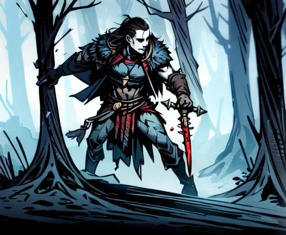 masterpiece, best quality, 1girl, Varvara holding a dagger while moving, dark eyes, beautiful, feminine, perfect face, highly detailed face,  undercut hair, [dark hair|light hair], fur (cloak), (cape), sleeveless, shoulder armor, gauntlets, athletic, abs, battle scar, [slender], thighs barbarian:0.5,  medium breasts, budget sarashi, tribal clothing, ((full body portrait)), solo, forest winter background,  ((night)), snow storm, <lora:DarkestDungeonV2:0.4>, <lora:Andava1e4:0.9>, extremely detailed, perfect face, ddstyle:0.3, WarriorStyle:0.2, <lora:blckmtl:0.2>,<lora:more_details:0.5>, <lyco:UnlimitedBladeWorksV1:0.6>, <lora:bromart:0.3>, bromart, blue and white, ((pale skin)), blood on face, vampire hunter, action shot