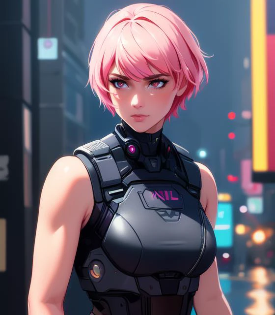 (high quality, masterpiece:1.3), intricately detailed, detailed face and eyes, 1girl, city, neon light, night, dark, tan skin, very short hair, bob cut, bangs, pink hair, cowboy shot, sleeveless, cyberpunk, toned, tomboy, (muscular female:1), impasto, digital painting, (painterly, impressionism:1.1), (brushstrokes:0.6), bulletproof vest, arm tattoo,