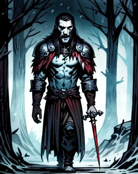 masterpiece, best quality, 1boy, Rasputin, walking, sword looking at viewer, beautiful, perfect face, highly detailed face,  undercut hair, [dark hair|light hair], fur (cloak), sleeveless, shoulder armor, gauntlets, athletic, abs, battle scar, barbarian:0.5,  tribal clothing, full body portrait, forest winter background,  ((night)), snow storm, <lora:DarkestDungeonV2:0.4>, <lora:Andava1e4:0.8>, extremely detailed, perfect face, ddstyle:0.3, WarriorStyle:0.2,  <lora:blckmtl:0.2>, <lora:more_details:0.5>, <lyco:UnlimitedBladeWorksV1:0.6>, <lora:bromart:0.3>, bromart, blue and white, ((pale skin)), blood on face, vampire hunter