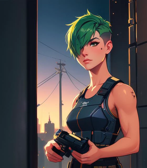 (high quality, masterpiece:1.3), intricately detailed, detailed face and eyes, 1girl, city, neon light, night, dark, tan skin, very short hair, pixie cut, green hair, cowboy shot, sleeveless, cyberpunk, toned, tomboy, (muscular female:1), impasto, digital painting, (painterly, impressionism:1.1), (brushstrokes:0.6), bulletproof vest, arm tattoo, undercut, asymmetric hair, hair over one eye