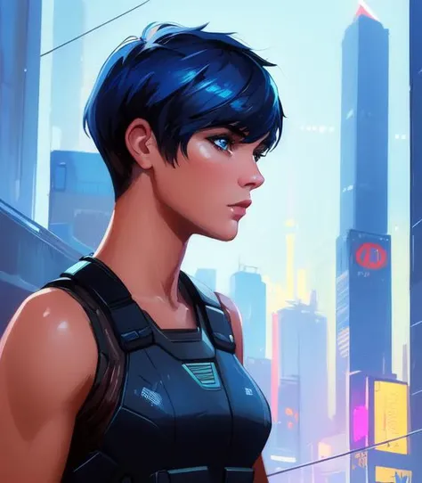 (high quality, masterpiece:1.3), intricately detailed, detailed face and eyes, 1girl, city, neon light, night, dark, tan skin, very short hair, pixie cut, blue hair, cowboy shot, sleeveless, cyberpunk, toned, tomboy, (muscular female:1), impasto, digital painting, (painterly, impressionism:1.1), (brushstrokes:0.6), bulletproof vest, arm tattoo