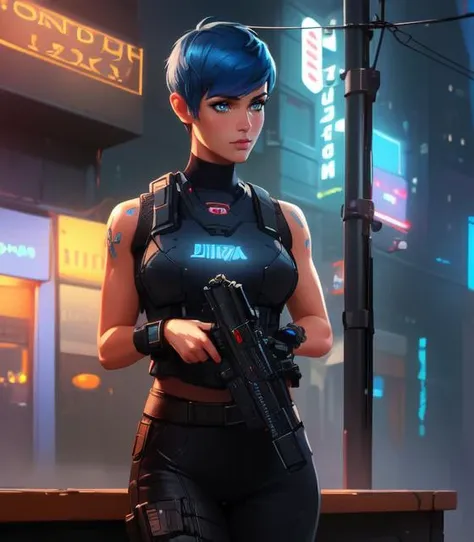 (high quality, masterpiece:1.3), intricately detailed, detailed face and eyes, 1girl, city, neon light, night, dark, tan skin, very short hair, pixie cut, blue hair, cowboy shot, sleeveless, cyberpunk, toned, tomboy, (muscular female:1), impasto, digital painting, (painterly, impressionism:1.1), (brushstrokes:0.6), bulletproof vest, arm tattoo