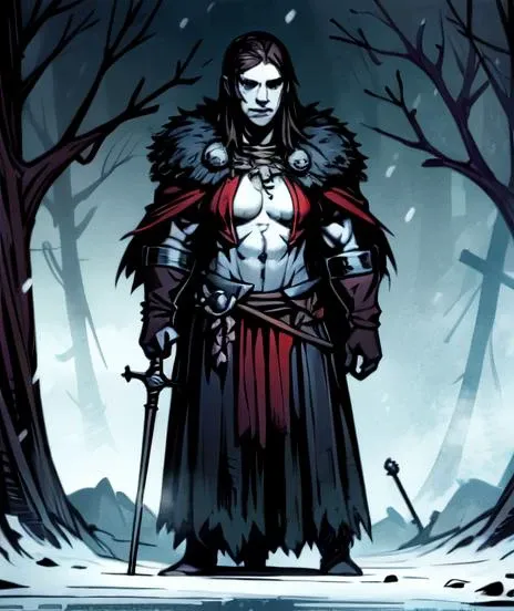 masterpiece, best quality, 1girl, Varvara, standing, rapier looking at viewer,  dark eyes, beautiful, perfect face, highly detailed face,  undercut hair, [dark hair|light hair], fur (cloak), cape, sleeveless, shoulder armor, gauntlets, athletic, abs, battle scar, [slender], barbarian:0.5,  medium breasts, budget sarashi, tribal clothing, ((full body portrait)), solo, forest winter background,  ((night)), snow storm, <lora:DarkestDungeonV2:0.4>, <lora:Andava1e4:0.9>, extremely detailed, perfect face, ddstyle:0.3, WarriorStyle:0.2, <lora:blckmtl:0.2>,<lora:more_details:0.5>, <lyco:UnlimitedBladeWorksV1:0.6>, <lora:bromart:0.3>, bromart, blue and white, ((pale skin)), blood on face, vampire hunter