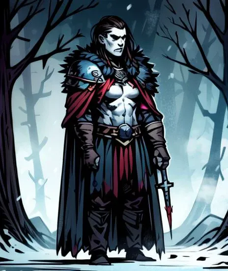 masterpiece, best quality, 1girl, Varvara, standing, dagger looking to the right,  dark eyes, beautiful, feminine, perfect face, highly detailed face,  undercut hair, [dark hair|light hair], fur (cloak), cape, sleeveless, shoulder armor, gauntlets, athletic, abs, battle scar, [slender], barbarian:0.5,  medium breasts, budget sarashi, tribal clothing, ((full body portrait)), solo, forest winter background,  ((night)), snow storm, <lora:DarkestDungeonV2:0.4>, <lora:Andava1e4:0.9>, extremely detailed, perfect face, ddstyle:0.3, WarriorStyle:0.2, <lora:blckmtl:0.2>,<lora:more_details:0.5>, <lyco:UnlimitedBladeWorksV1:0.6>, <lora:bromart:0.3>, bromart, blue and white, ((pale skin)), blood on face, vampire hunter